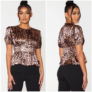 PrettyLittleThing Tan Leopard Printed Satin Cup Frill Hem Top Size 4 NWT Peplum